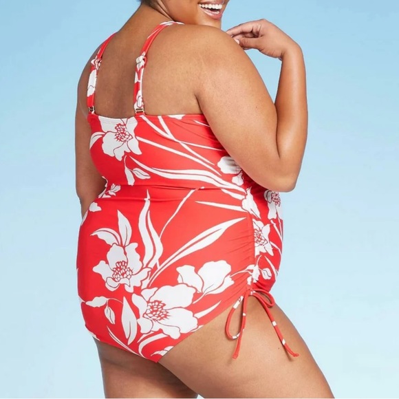 Kona Sol Red Floral Cinch Side Tie One Piece Swimsuit - Picture 5 of 12